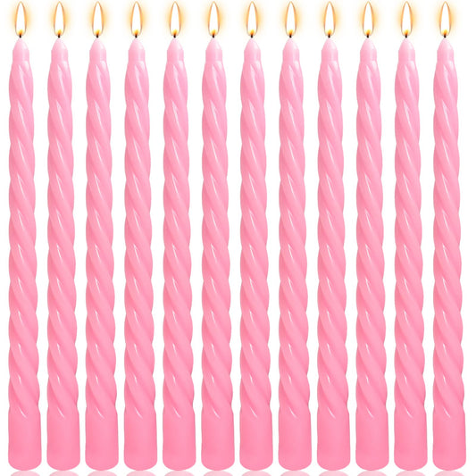 10 Inch Pink Twisted Spiral Taper Candles Set for Holiday Decor, 12 Pack Unscented Candlesticks, Dripelss Tapered Candles for Wedding Dinner Holiday