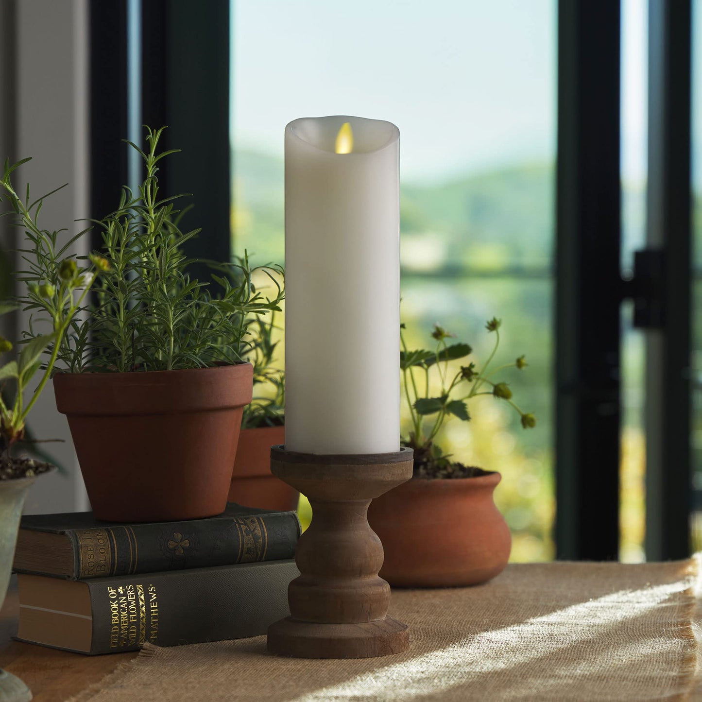 Luminara Realistic Moving Flame LED Candle (3"x8.5") Scalloped Edge Smooth Finish Real Wax Pillar, Battery Operated (2 C) 600 Hr Runtime, Timer, Remote Ready, Unscented - White