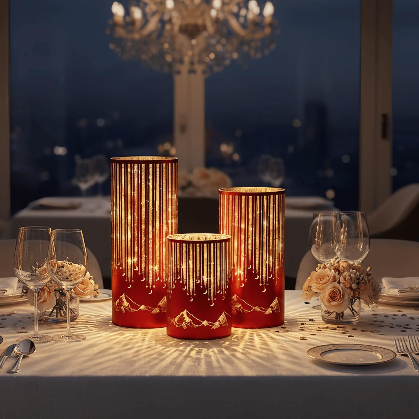 Ashroder Starry Night Elegant Hurricane Candleholders with LED Flickering Lights & Remote Timer, Decorative Glass Hurricanes for Indoor Table Centerpieces & Year-Round Home Decor, Set of 3 (Red)