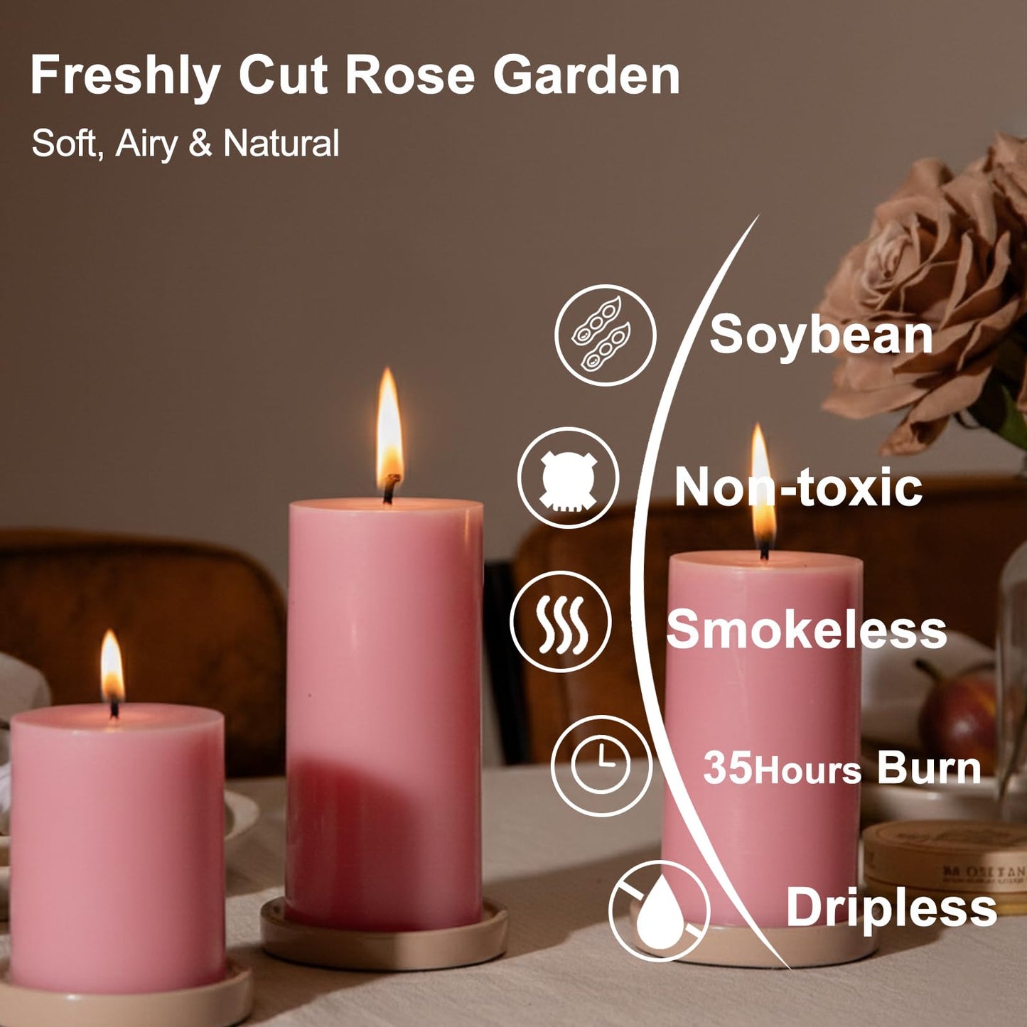 Uniteland Pink Rose Scented Pillar Candles Set of 3, Soy Candles for Mother's Day,105 Hours Aromatherapy Candle Clean Burning for Bathroom Living Room,2x4 inch