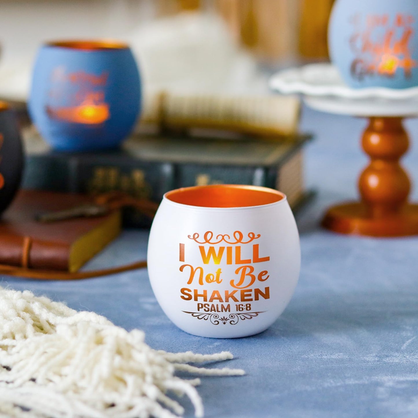 Christian Gifts for Men, Glass Candle Holders Set, Blue Tealight Votive Holders with Bible Verses, Religious Birthday Gifts for Dad, Brother, Son, Him, Coworker, Unique Spiritual Gifts for Men