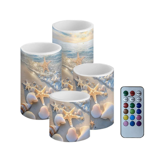 Merkmak 4Pcs Flameless Candles with Remote Battery Operated Candles with Timer Pillar Tea Lights Bulk for Indoor Outdoor Porch Beach Wedding Coastal Home Decor, Starfish Shell