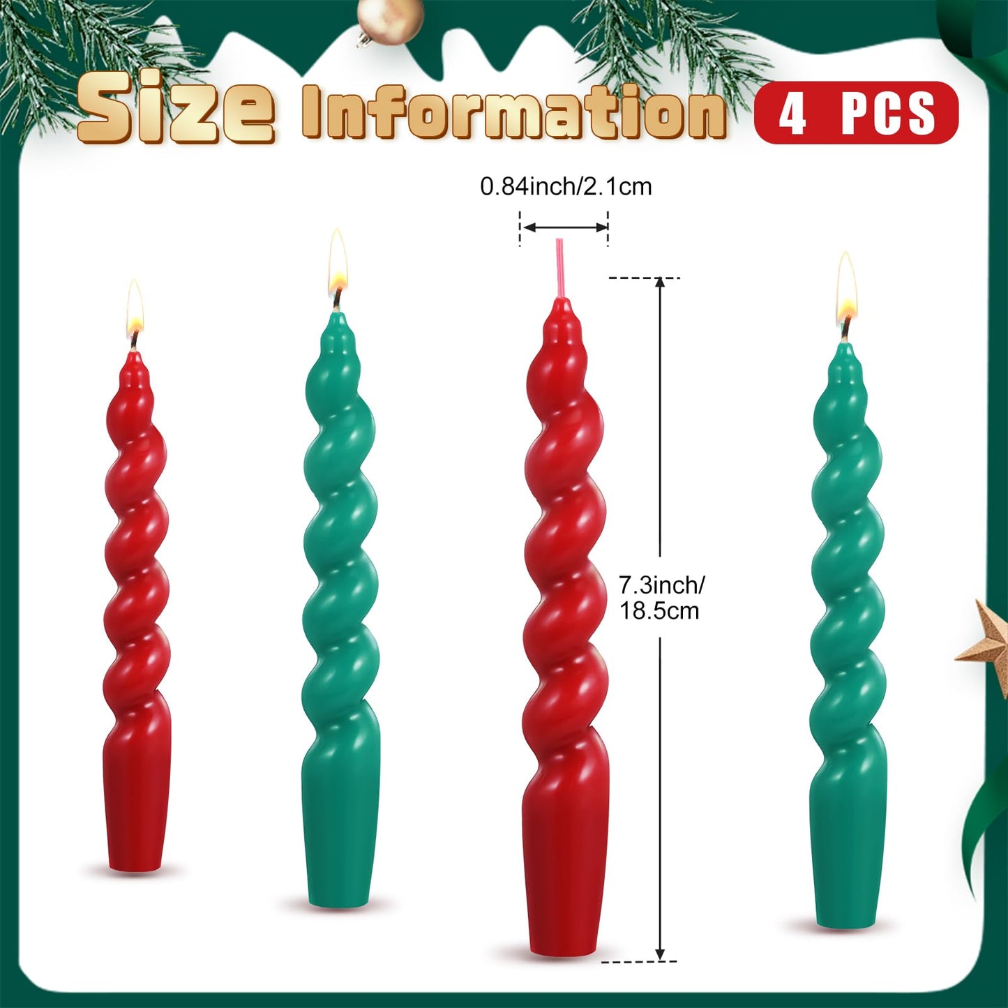 Zhengmy 4 Pcs Red Green Spiral Taper Candle 7 Inch Twisted Long Wax Dinner Candlestick for Fall Halloween Christmas Holiday Valentines Wedding Birthday Baby Shower Table Decor(Solid)