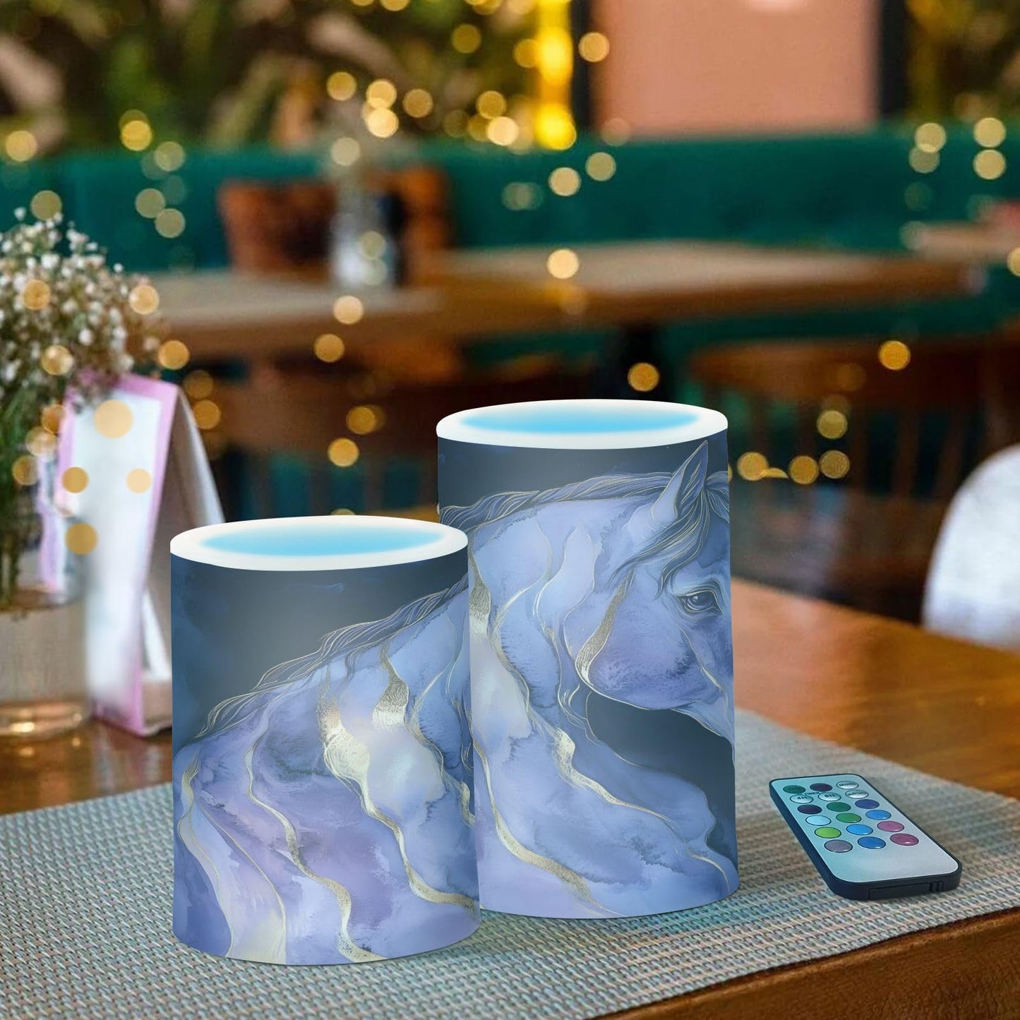 ALAZA Flickering Flameless Candles Blue Purple Horse Battery Operated Candles with Remote Timer LED Pillar Votive Candles Set of 2 for Holiday Decor