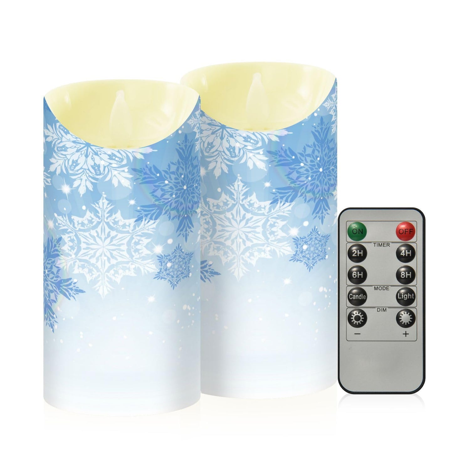 Christmas Flameless Candles Set of 2 Blue Snowflakes Realistic LED Candles with Remote Battery Operated Holiday Decorations