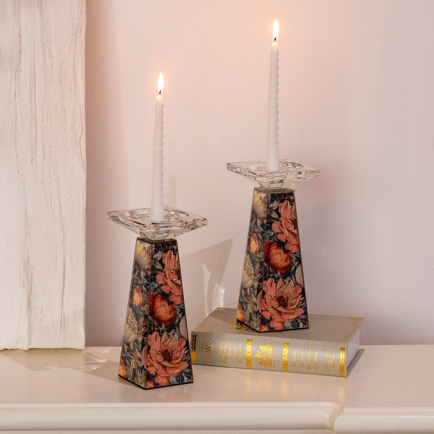Timetrace Tall Glass Candlestick Holder with Floral Pattern,Candle Holder for Pillar, Single Piece Decorative Centerpiece for Living Room, Patio, Weddings - Decor for Dining Room