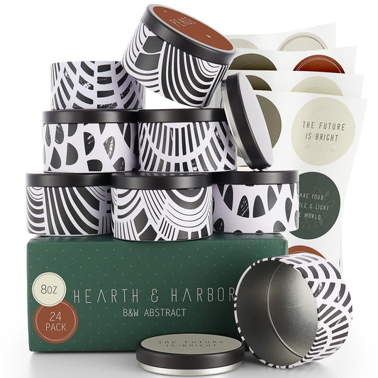 Hearth & Harbor Tin Candle Jars for Making Candles - DIY Candle Containers with Lids - Metal Candle Jars - Bulk Tins Storage for Candle - (24 Pieces) - (8 Ounces) - Black and White Abstract