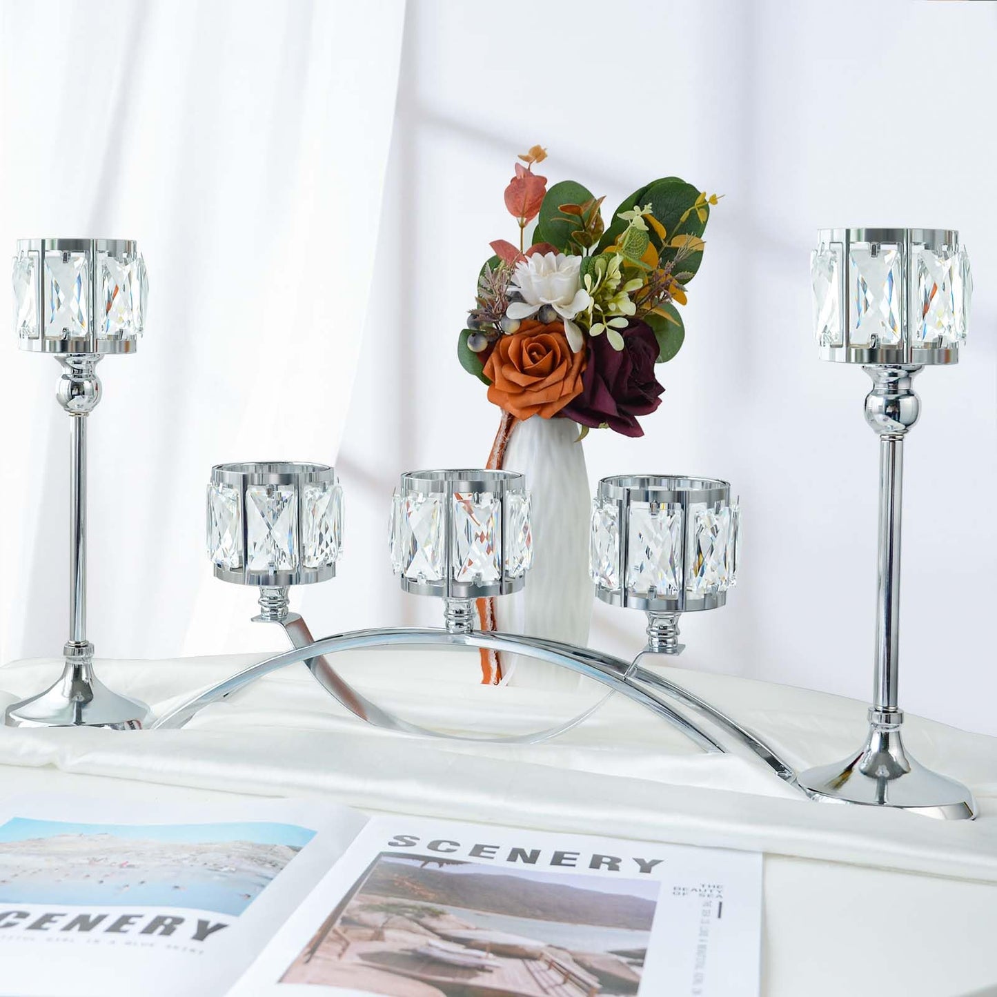 KEHAIL 3 Arms Crystal Candle Holders, Arch Candlestick Table Candelabras Centerpieces for Wedding, Dinning Room, Cabinet Ornaments, Home Decoration， Gift (3-arm Arched Set, Silver)