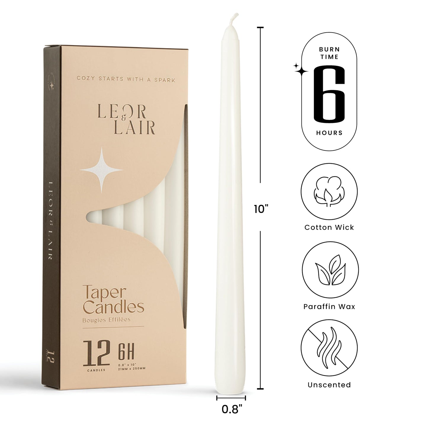 Leor & Lair White Taper Candles - 12 Pack 10" White Candlesticks - Unscented Long Burning Candle Sticks for Home Decoration, Holidays, Weddings, Religious, Restaurants & Events