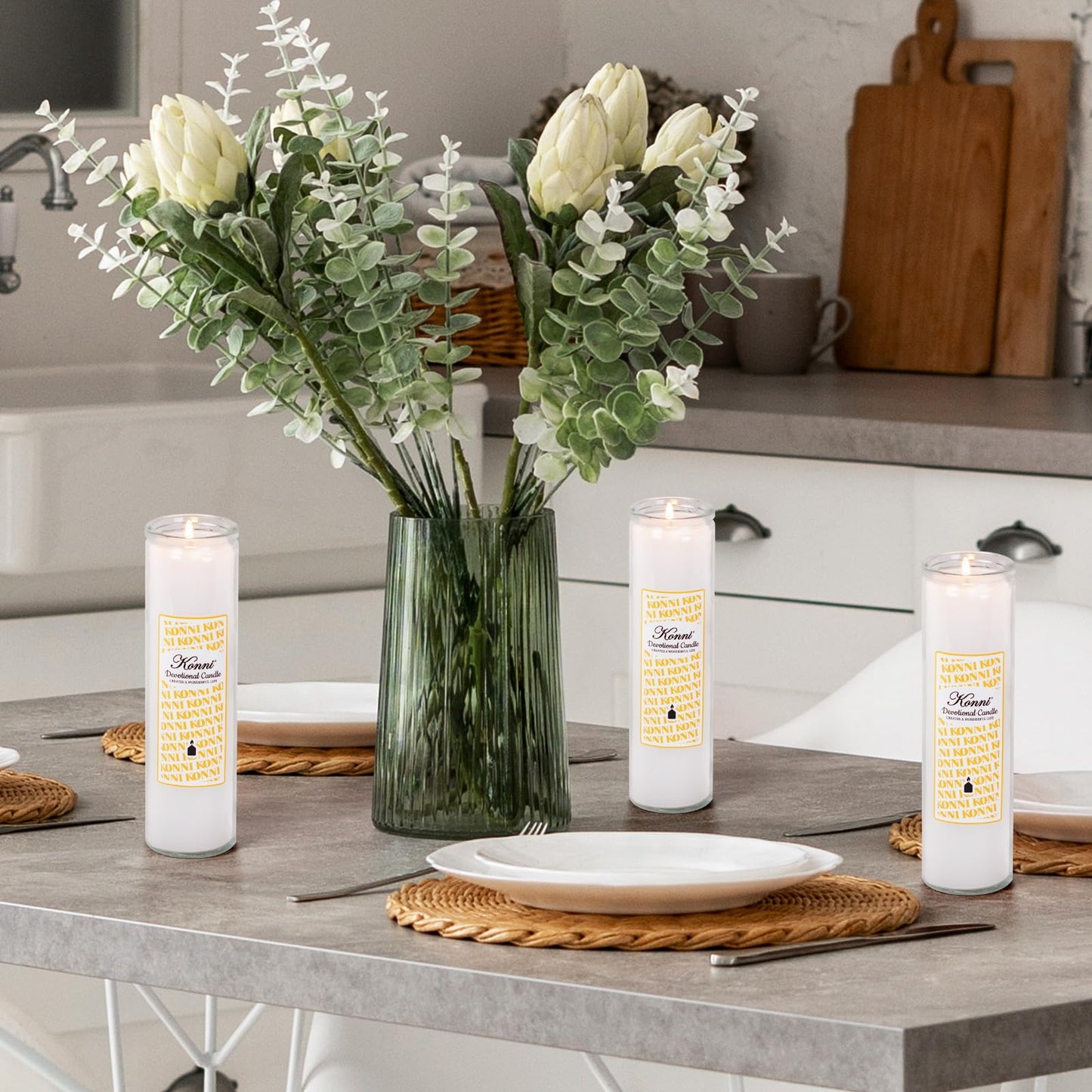 KONNI 2x8 Inch White Pillar Candles in Glass Set of 3, Devotional Prayer Candle, Unscented Religious Candles, 105 Hours Emergency Long Burning, Ideal for Memorials, Vigil, Blessing
