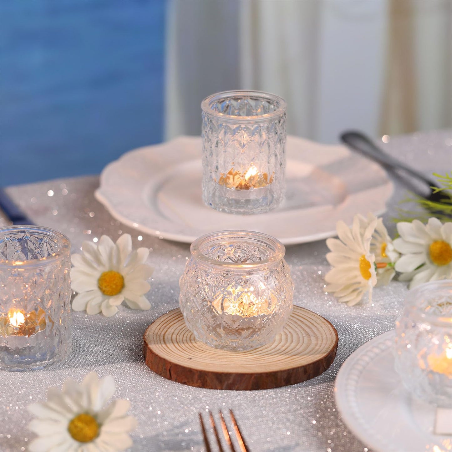 DARJEN Clear Votive Candle Holders Set of 24- Round Glass Candle Holders Bulk for Tea Light Candle, Embossed Candle Votives for Wedding Centerpiece, Various Parties & Home Decor