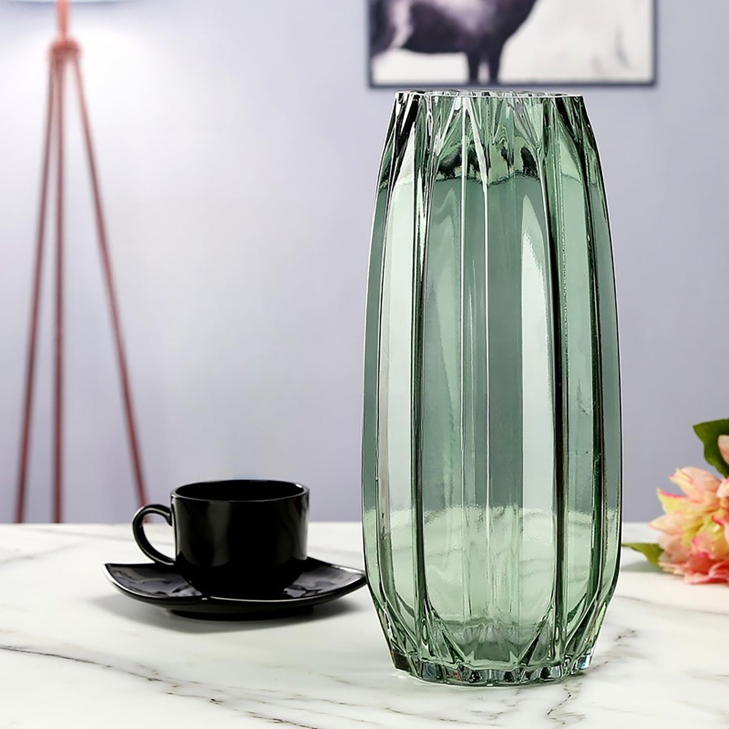 Lucky Bird Green Ribbed Glass Vase - Modern Tall/Short Centerpiece for Flowers, Candles & Decor (H12.0inch)