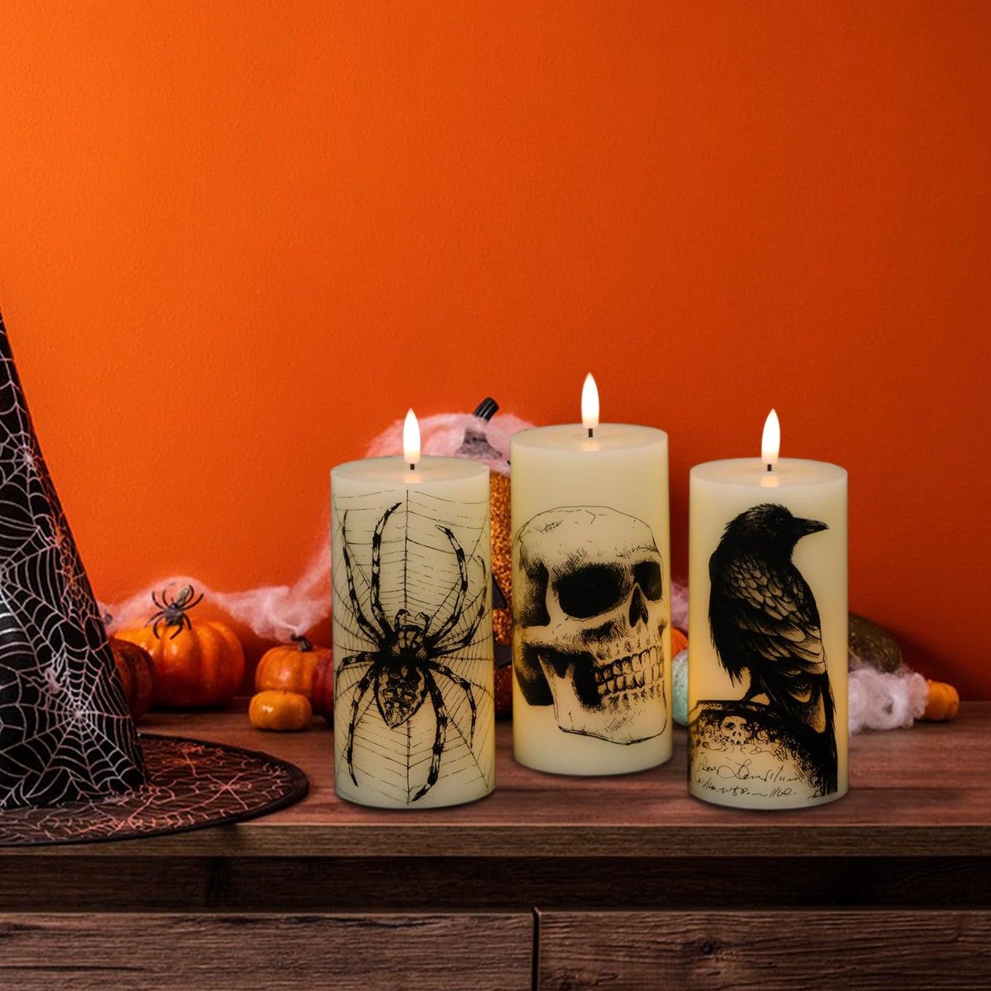 Lasumora Halloween Decorations Flameless Candles with Remote Timer - Skull, Spider Web, Crow Raven Decals Set of 3, Battery Operated Halloween Decor Indoor LED Candle Horror Gothic Punk Real Wax