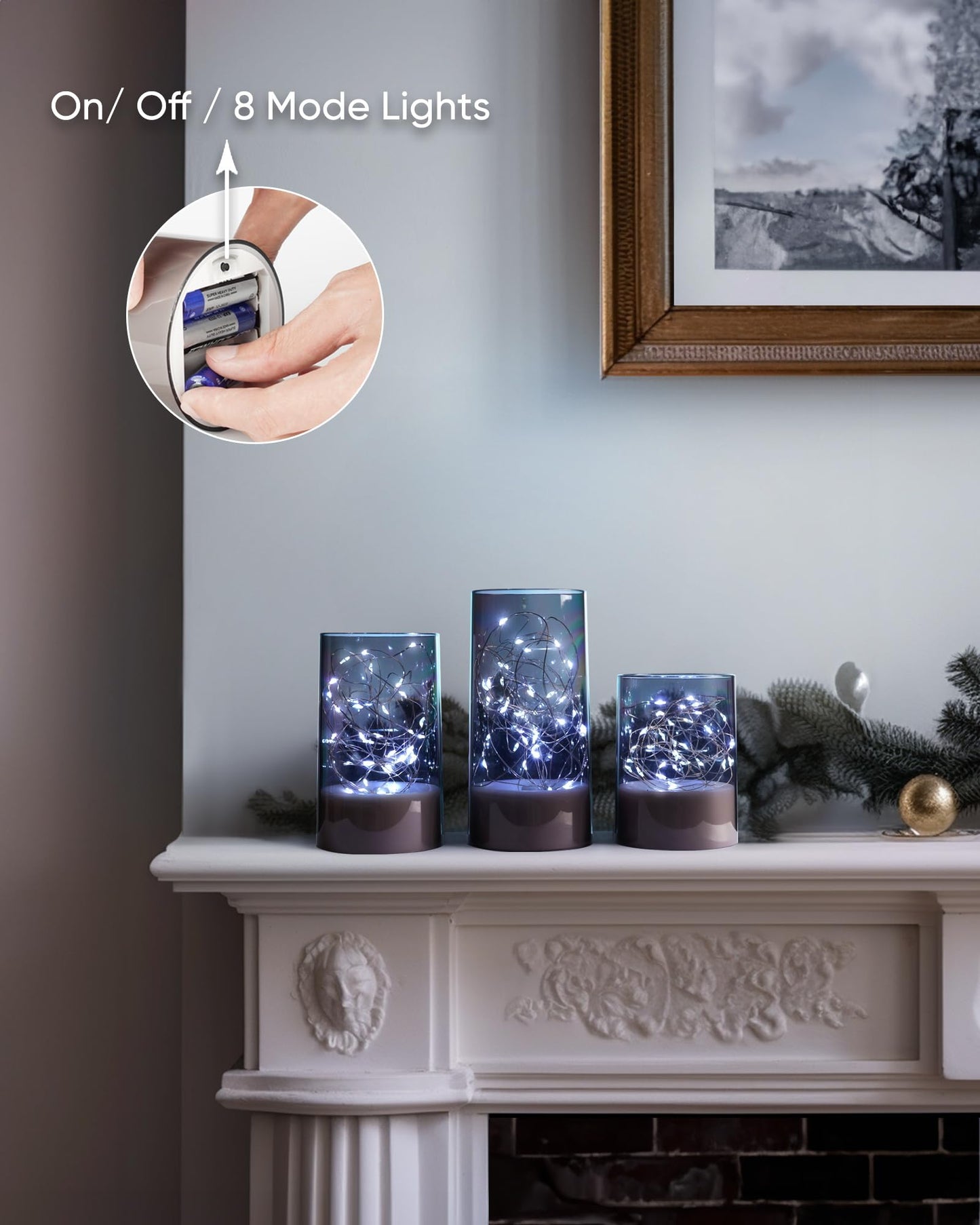 Homemory Flickering Flameless Candles with Remote, Embedded String Lights in Acylinder Vase, Battery Operated Fake Candles, Gray LED Candles with Timer for Home Decor, 8 Mode Lights, Set of 3