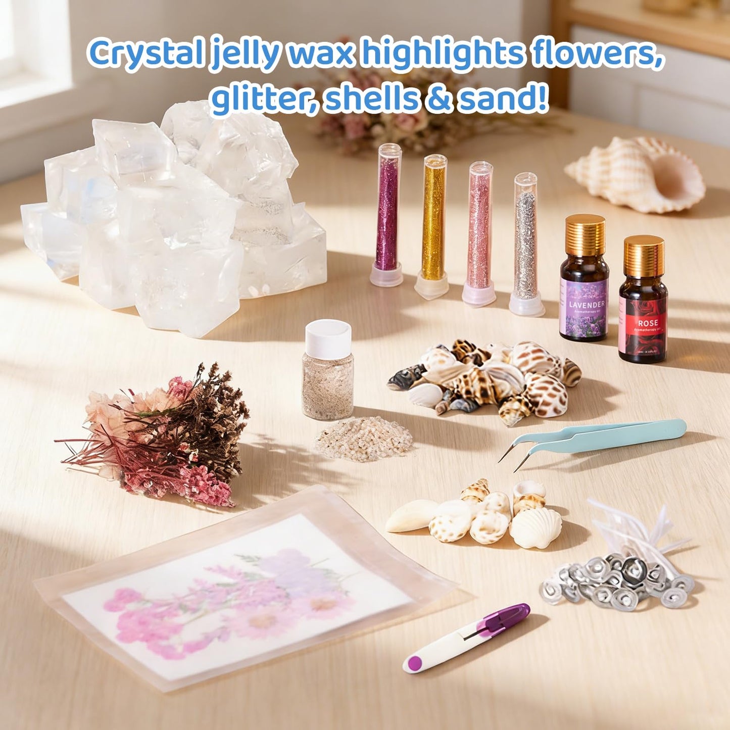 DIY Jelly Wax Candle Making Kit with Jars - Complete Transparent Gel Candle Maker Kit, Ocean Theme Gel Kit & Floral Jelly Wax Set, Includes Dried Flowers, Shells & Essential Oils