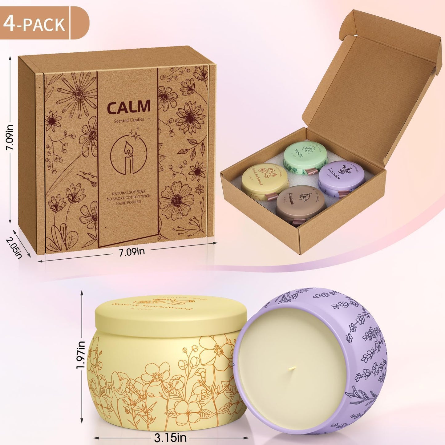Scented Candles for Mom, 17.6oz Romantic Jar Candles for Women Girl Candle Set, 120H Burning, Soy Candle for Home Scented, Mother's Day,Birthday,Lavender | Vanilla | Rose & Sandalwood | Jasmine -4Pack