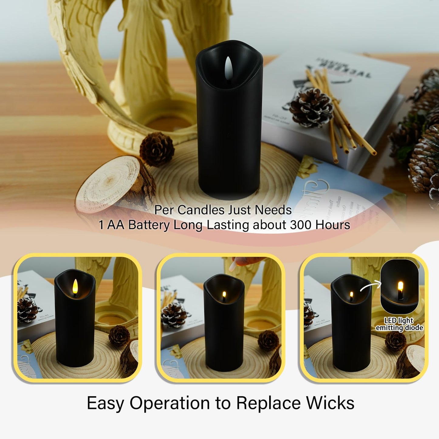 kakoya Flickering Flameless Candles, Battery Operated Plastic LED Pillar Candles with Remote Control and Timer, Set of 9 (Black)