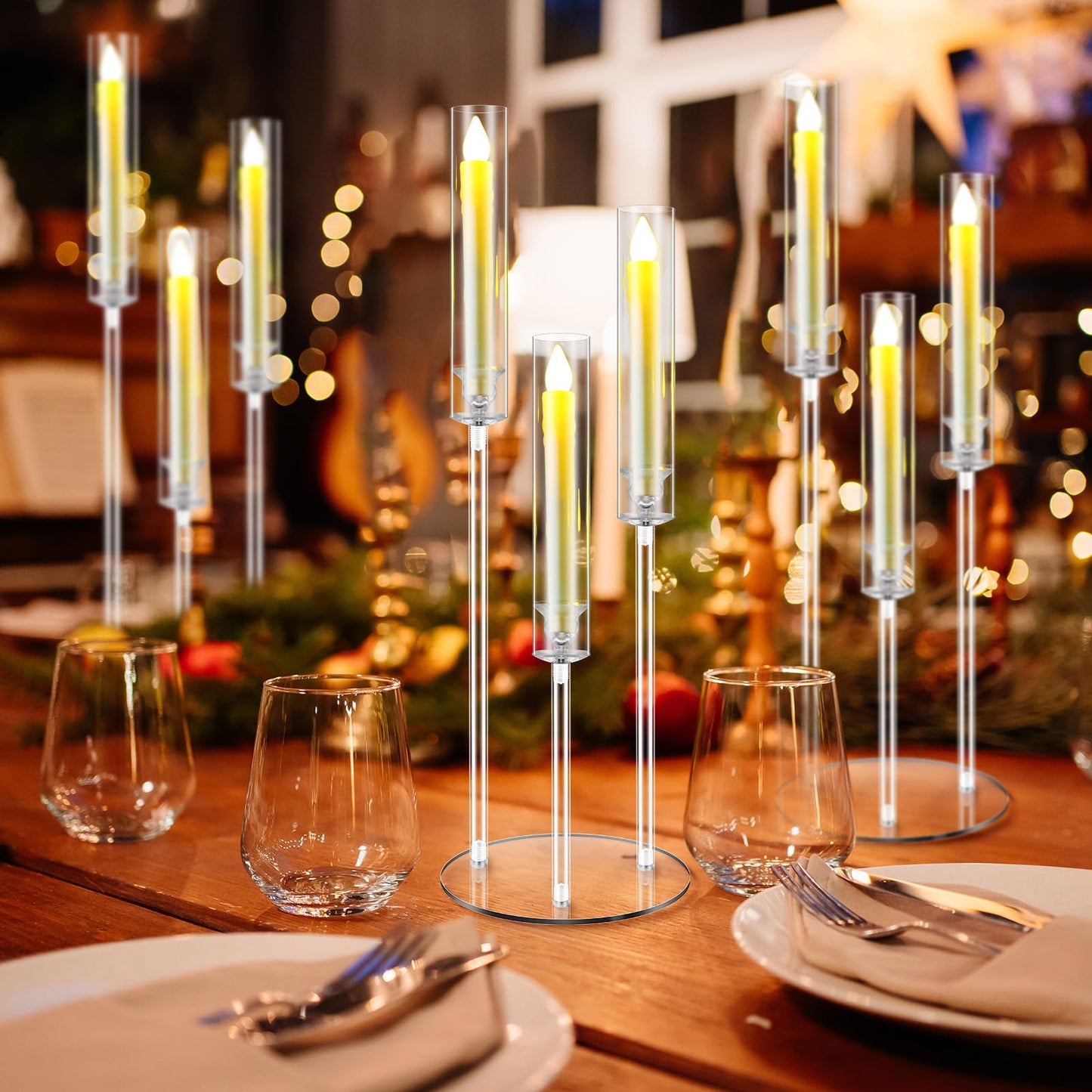 Tandefio 6 Sets 3 Arm Acrylic Candelabra Centerpieces for Wedding Tables 30inch Tall Clear Candle Holder Centerpieces with 18 LED Candles and Shade for Ceremony Birthday Anniversary Party Home Decor