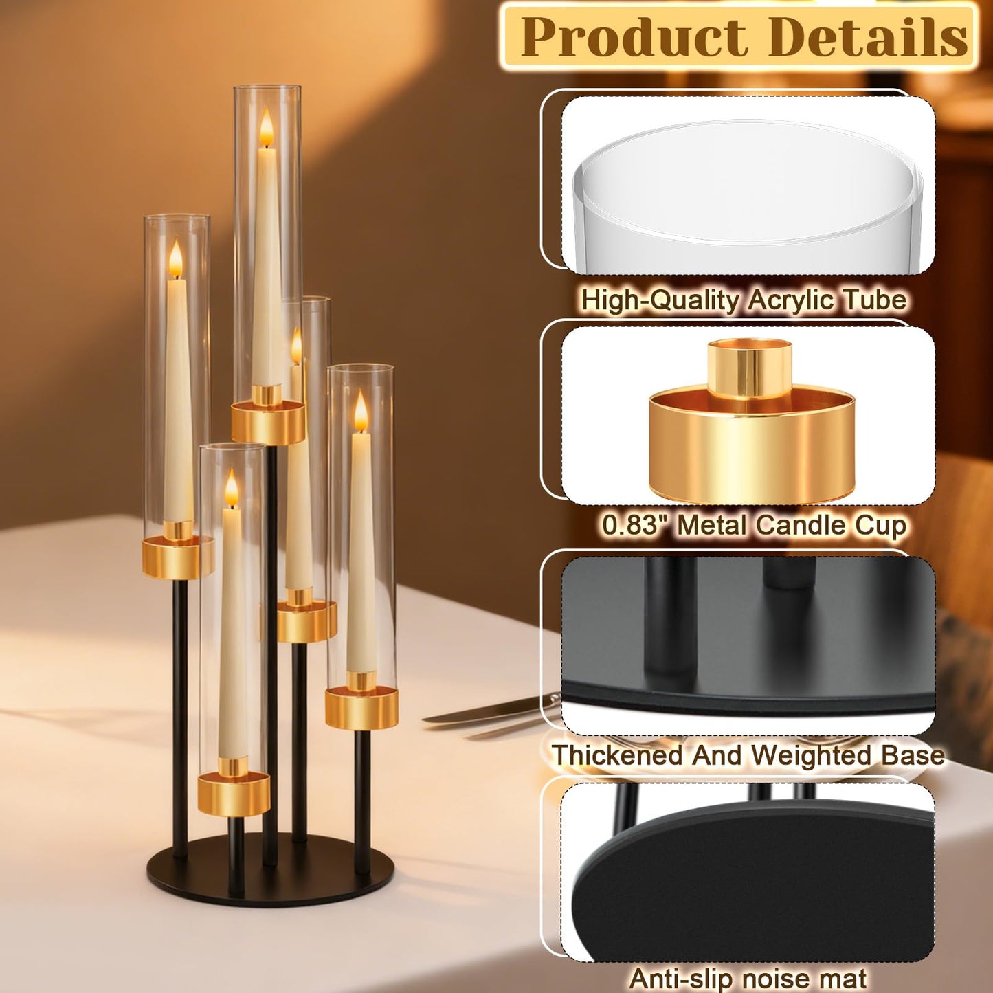 KEHAIL 2 PCS 5-Arm Black+Gold Metal Table Candelabra Centerpiece, 22" Tall Clear Acrylic Candlesticks Holder with Shade for Valentines Day Events Party Table Centerpiece,Fit LED Candles