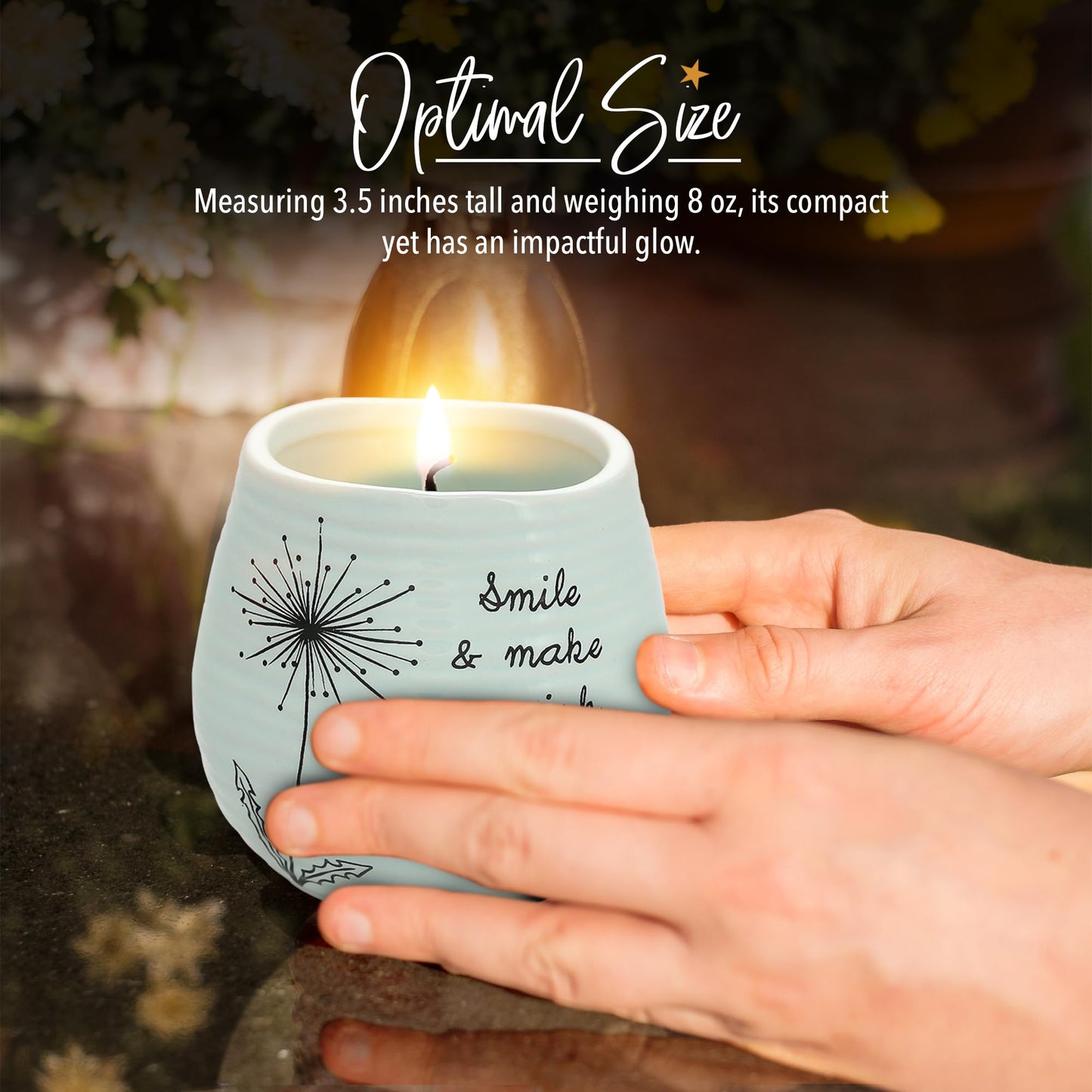 Pavilion Gift Company - 8 Oz Candle Holder - Green Ceramic Candle Jar with 100% Soy Wax Candle Serenity Scent "Smile And Make A Wish, Happy 50th" Ideal Gift for Loved Ones - Printed Text, Love Theme