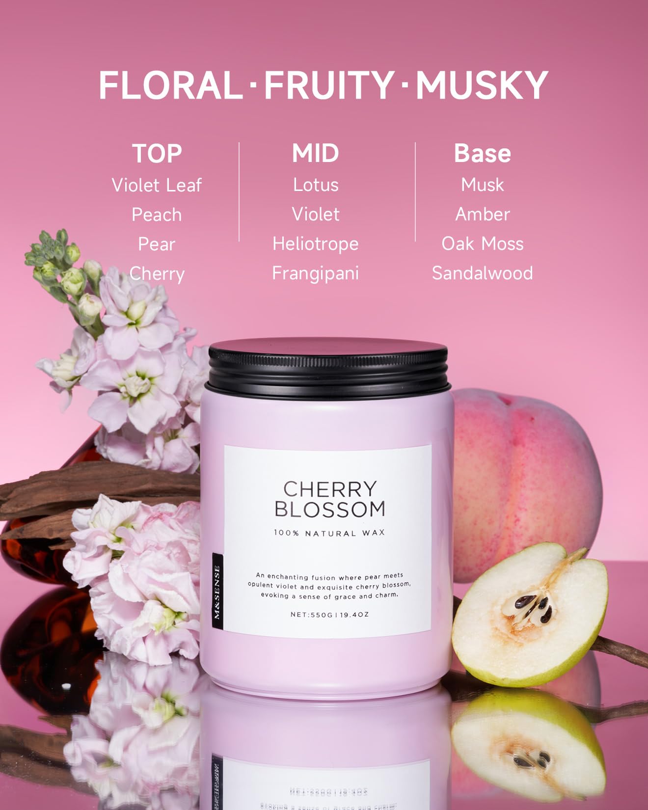 M&SENSE Large Cherry Blossom Scented Candle, 19.4oz Natural Soy Wax, 110-Hour Long Lasting, Non-Toxic Clean Burn, Spring Floral Scent for Relaxation, Home Fragrance Stress Relief Gift for Her
