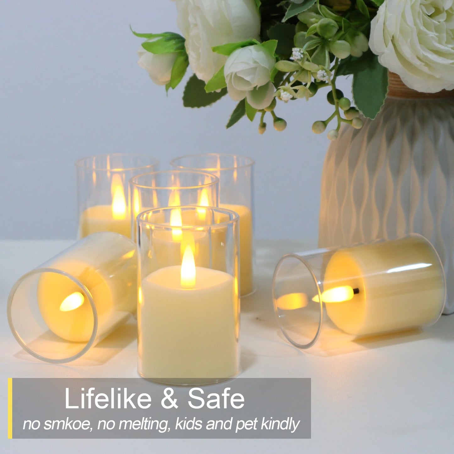 Kuandawei 6 Pack Flickering Flameless Votive Candles with Timer and Remote, Battery Operated Long Lasting 300+ Hours, Small Pillar LED Fake Candles for Wedding Home Decor, Acrylic Shell, 2" x 3"
