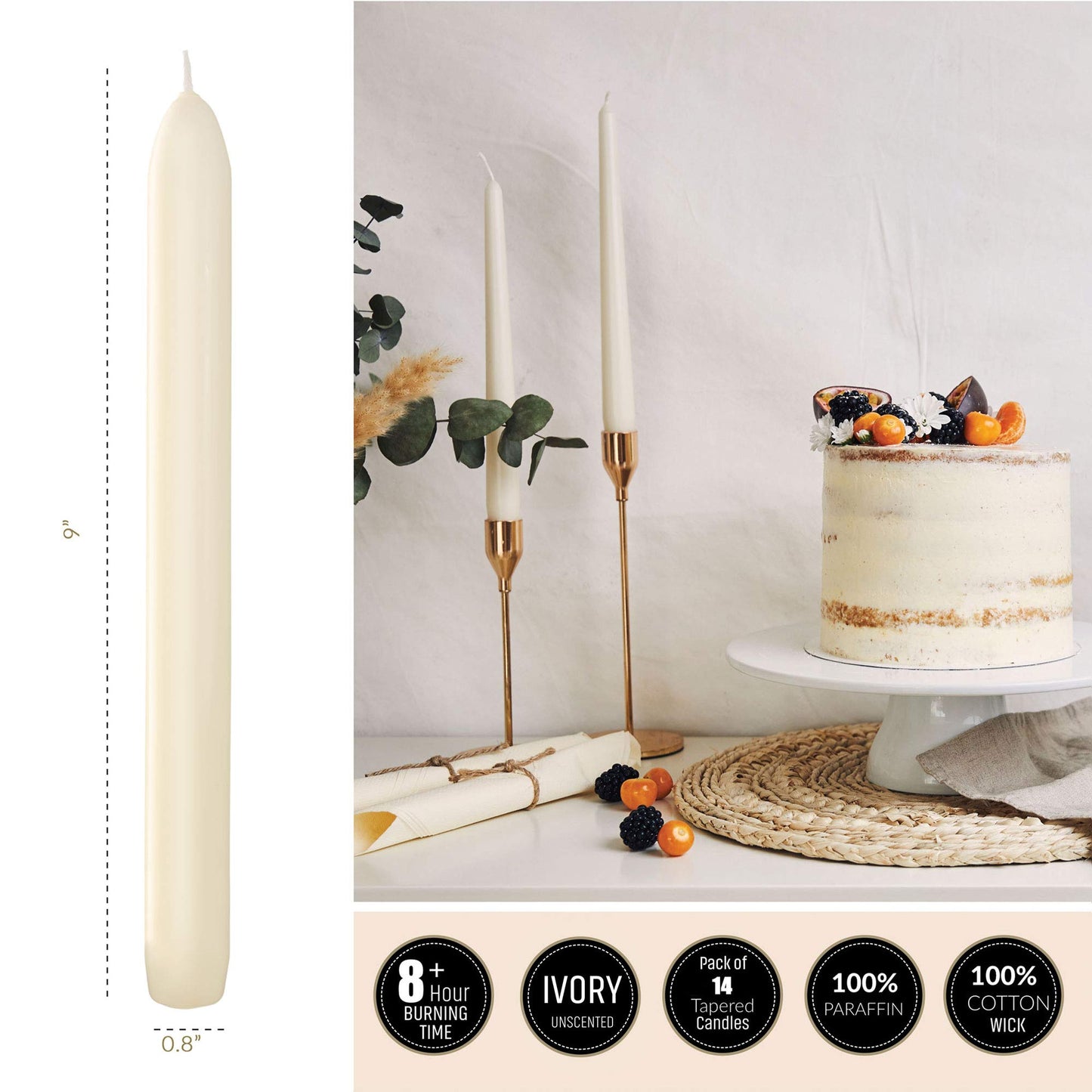 Tribello Ivory Candlesticks - Pack of 14 Cream Candle Sticks - Unscented 9" Tall Candlesticks - 8 Hour Long Burning Ivory Taper Candles for Home, Wedding, Holiday and Parties