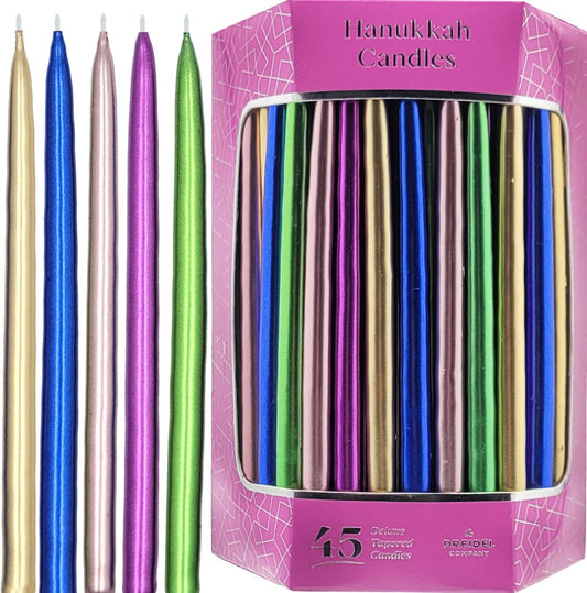 45-Multicolor Metallic Hanukkah Frosted Premium Tapered Hand Decorated Chanuka Candles Set of Sleek Glossy and Shiny Candles Enough for All Eight Day's of Hanukkah 1-Hour Burn Time