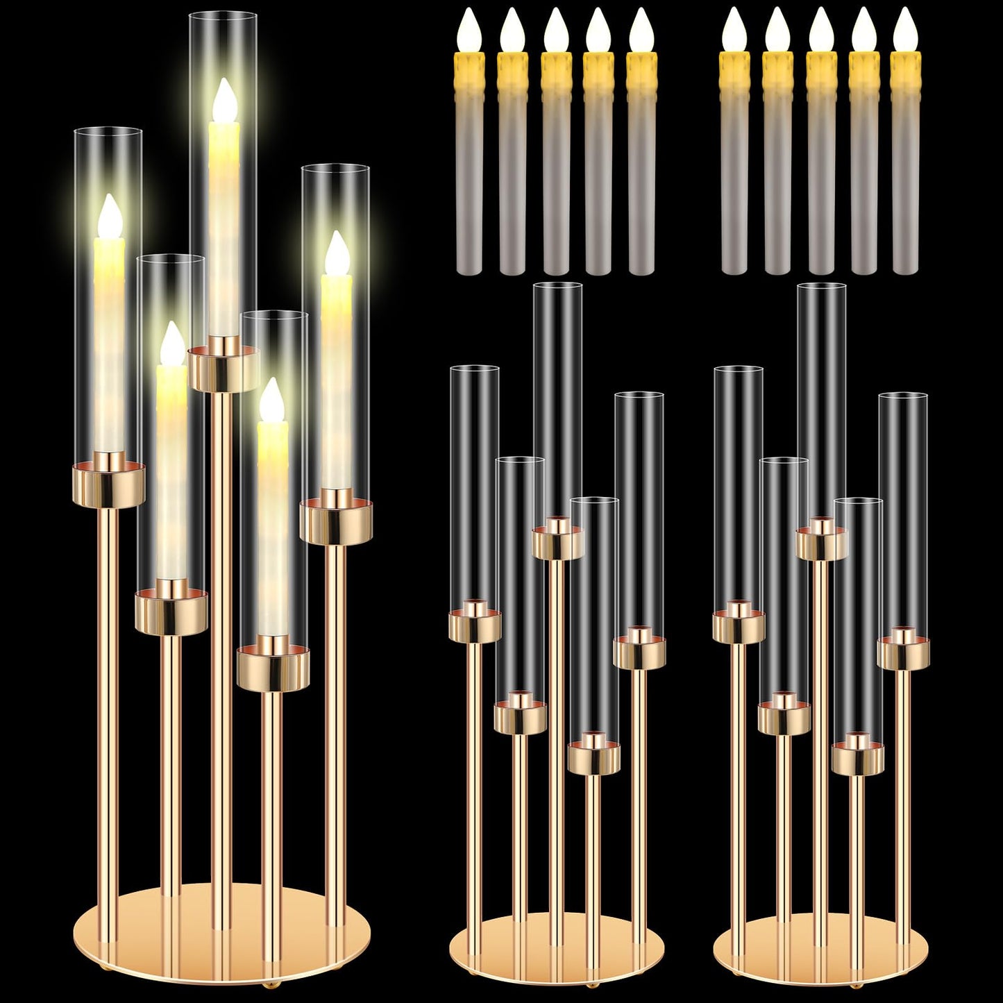 Tandefio 2 Set Gold Candelabra Centerpieces for Tables, 26.8 Inch 5 Arm Candle Holders with LED Candles and Acrylic Cylinders, Tall Acrylic Wedding Table Centerpieces for Reception Dinner Party Decor