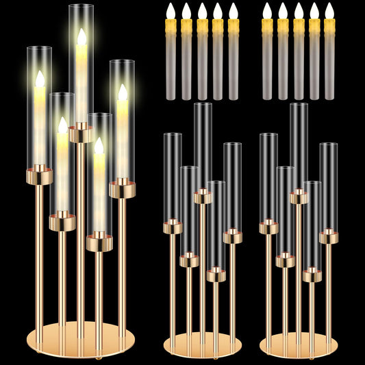 Tandefio 2 Set Gold Candelabra Centerpieces for Tables, 26.8 Inch 5 Arm Candle Holders with LED Candles and Acrylic Cylinders, Tall Acrylic Wedding Table Centerpieces for Reception Dinner Party Decor