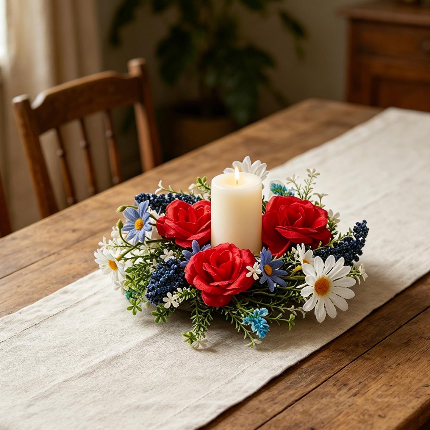 4th of July Candle Ring Wreath 4Pcs, 11.8 Inch Small Patriotic Wreath, Mini Artificial Rose Lavender Daisy Wreath, Tabletop/Candle Ring Decor for Home Front Door, Porch, Wall, Window, Cabinets