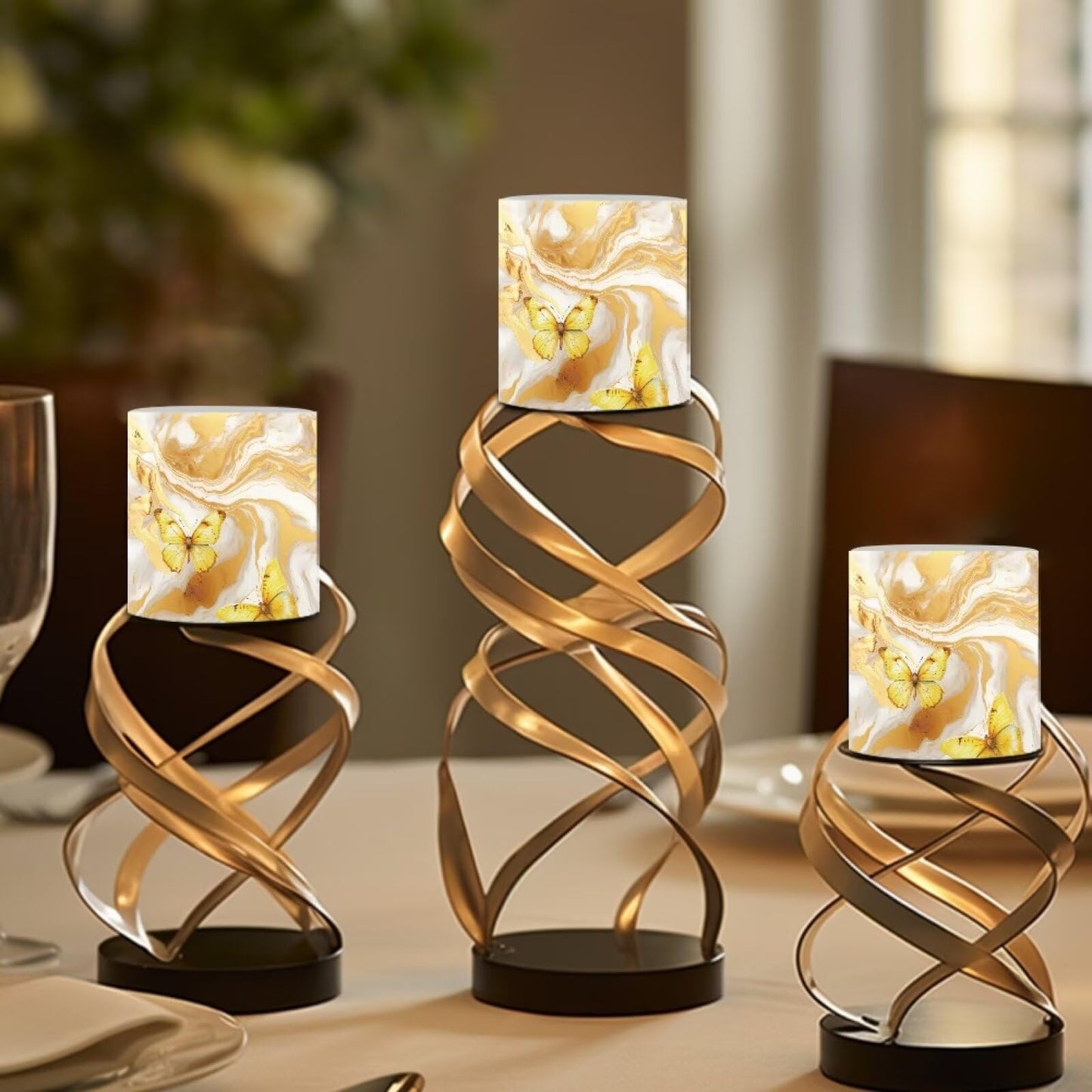 Cozeyat Gold Swirl Marble LED Candles Set of 4 Battery Powered Flameless with Remote Timer Flickering Flame Waterproof for Home Patio Beach Table