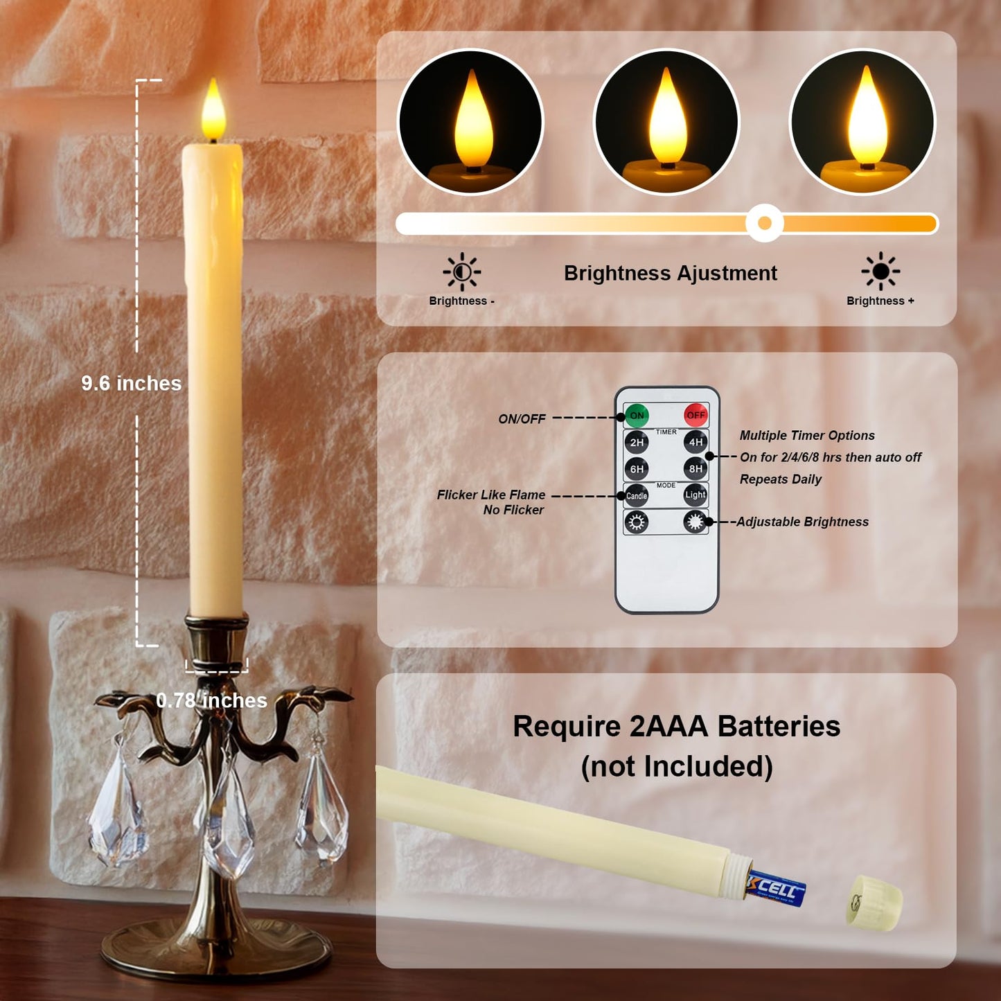 Homemory 12 Pcs Real Wax Flameless Taper Candles with Remote Timer and Dimmer, Battery Operated Candlesticks with Flickering Light, Ivory Window Candles, 9.6 Inches for Wedding Home Decor