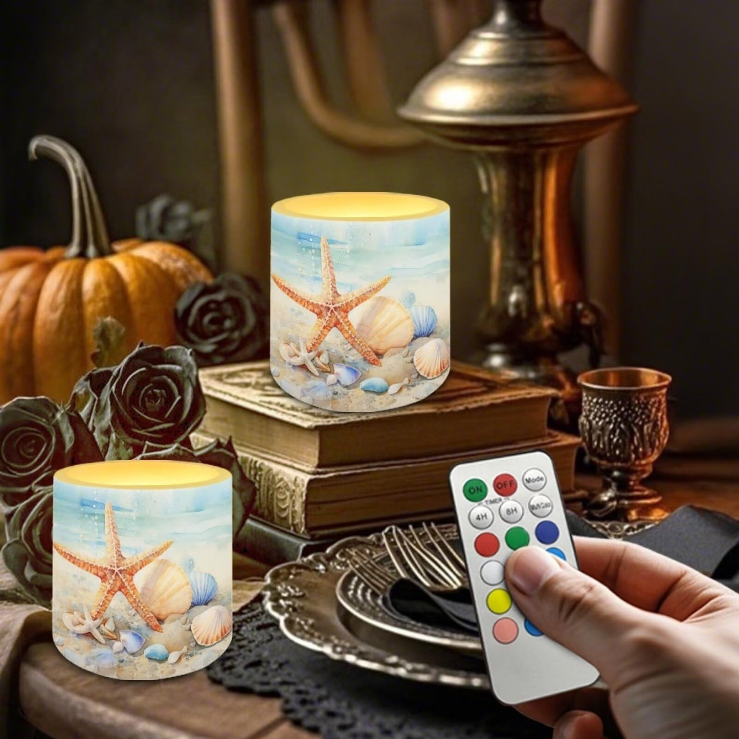 Merkmak 4 Pcs Coastal Flameless Candles Bulk with Remote Battery Operated Pillar Candles with Timer Painting Starfish Shell LED Tea Lights for Beach Theme Home Bathroom Bedroom Decorations