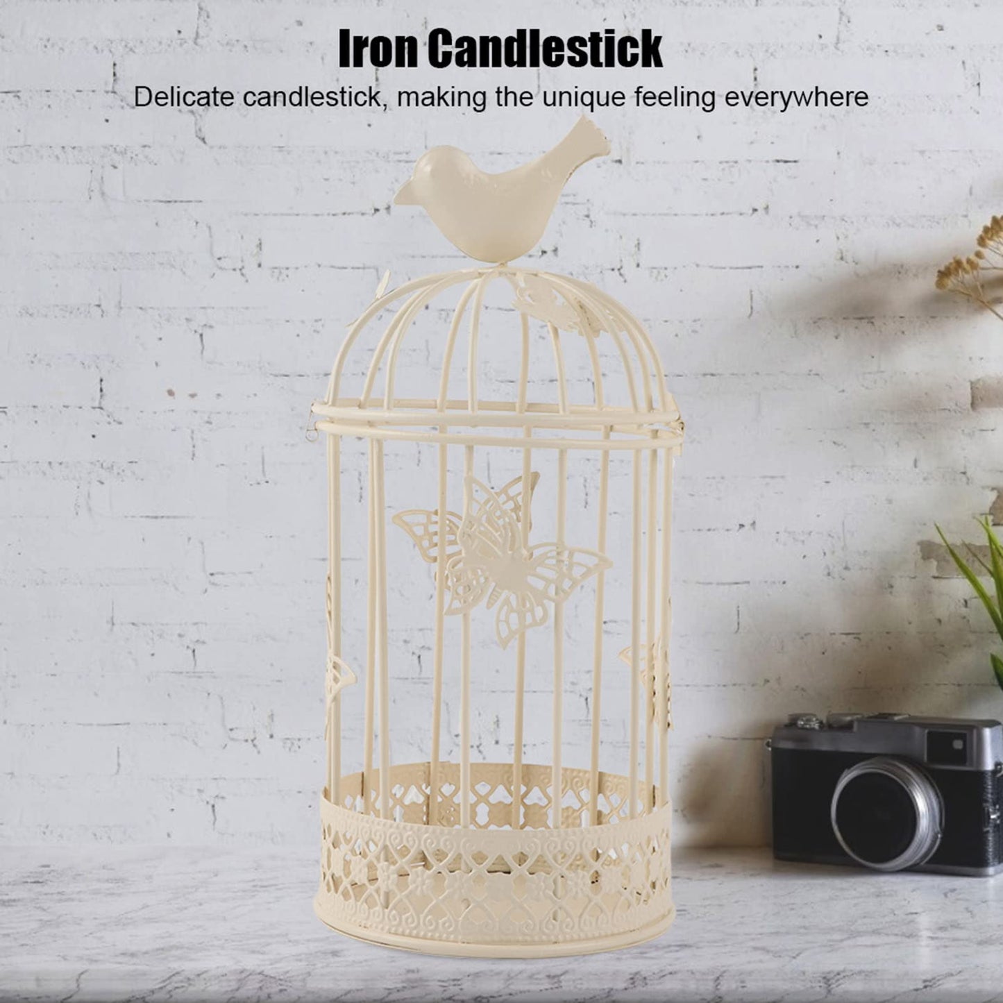 Kikumi Decorative Metal Candlestick for Table Centerpiece, 9.1 X 3.9 Inch Hollow Cage Shape Candlestick Bird Decoration Candlestick for Home Decoration (White)