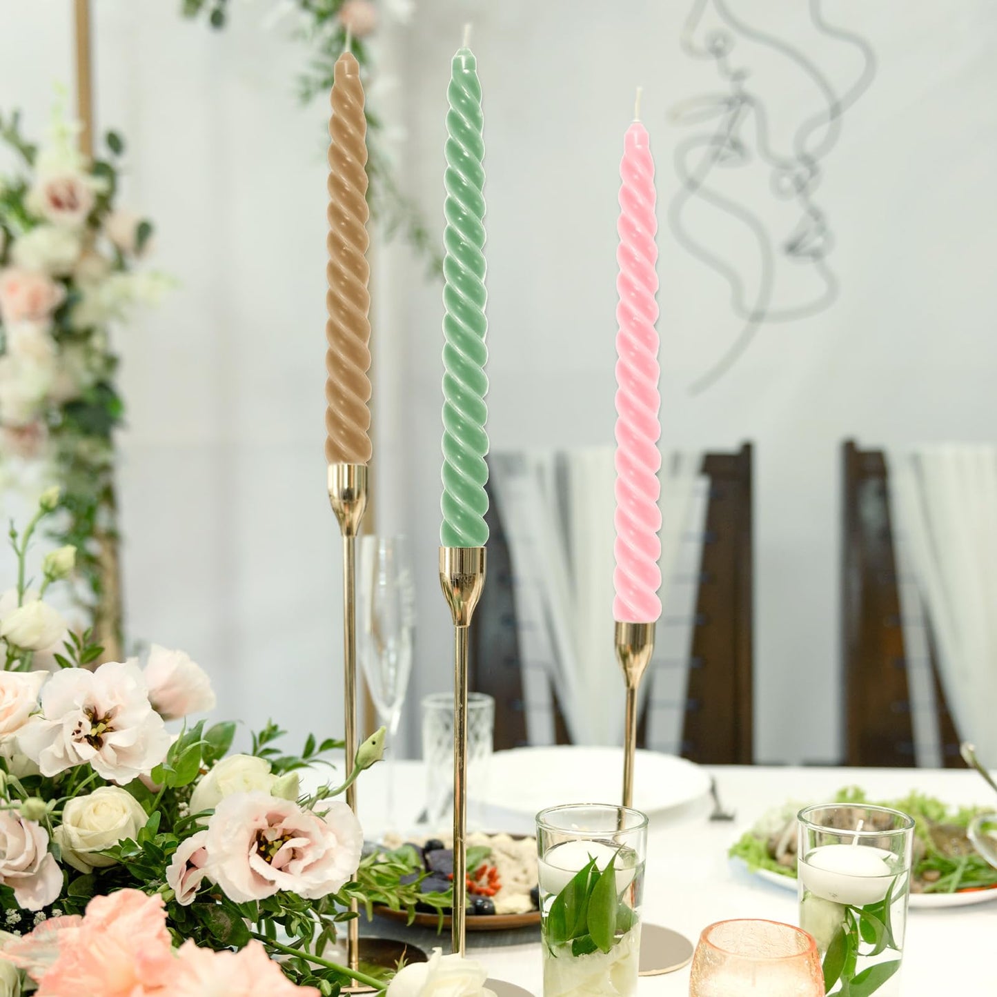 Whaline 8Pcs 10 Inch Christmas Pink and Green Spiral Taper Candles Dripless Twisted Wax Candles Long Unscented Candle Sticks for Home Party Dining Table Decor (Pink, Green, White, Gold)