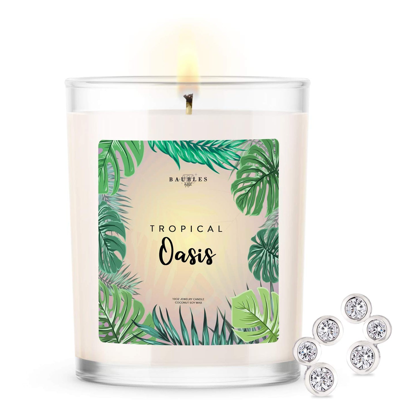Kate Bissett Baubles Tropical Oasis Scented Premium Candle and Jewelry with Surprise Earring Inside | 10 oz Large Candle | Made in USA | Parrafin Free