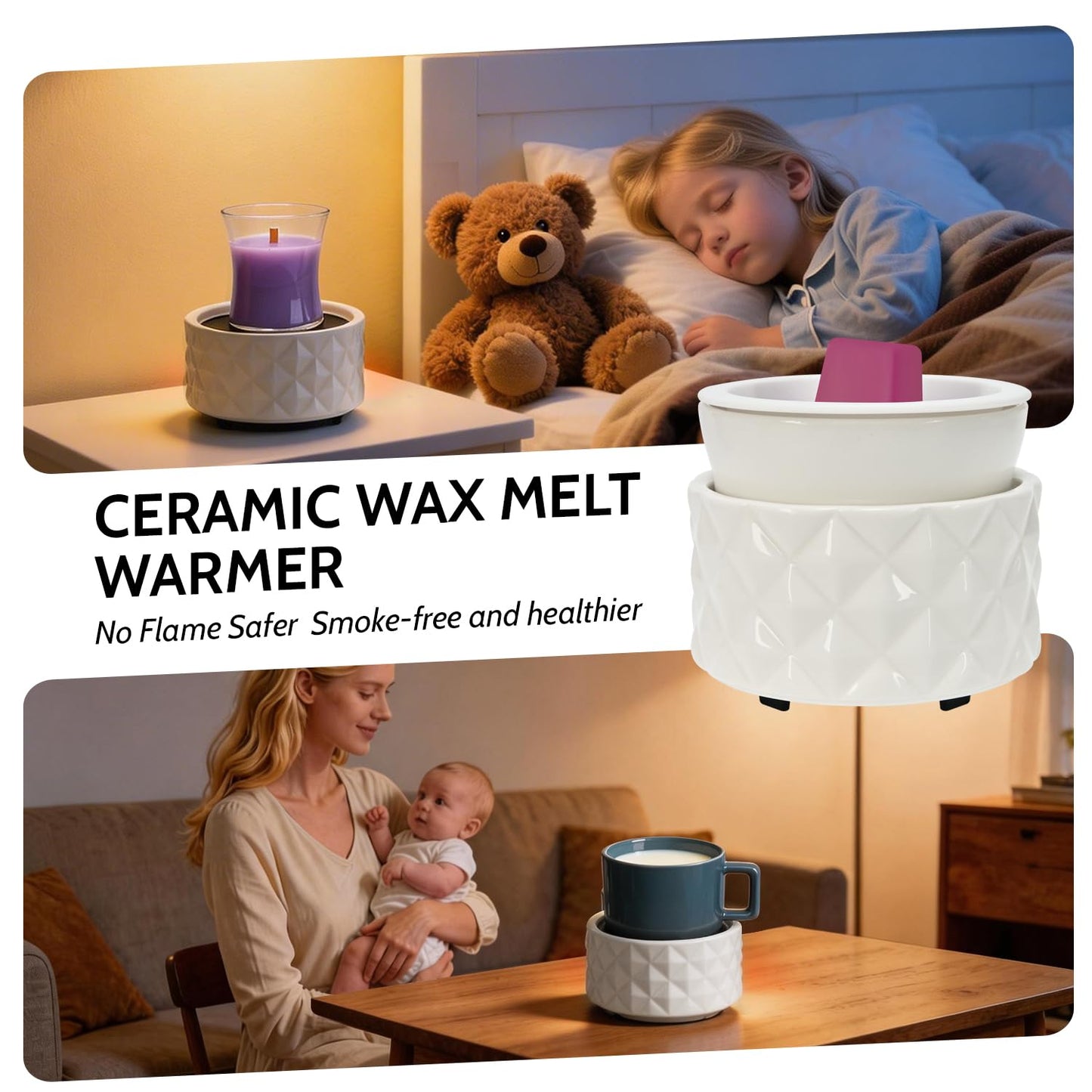 ASAWASA Ceramic Candle Warmer for Large Jars, Wax Melt Warmer with 1 PC Silicone Liner,4-in-1 Electric Warmer for Jar Candle Wax Cube Essential Oil Coffee Tea Mug, Ideal Gift for Home Office
