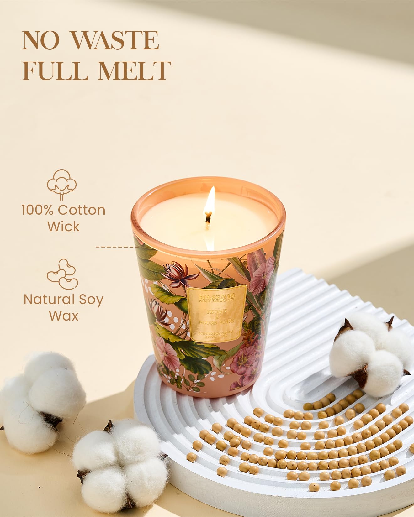 M&SENSE Peony Blush Sude Natural Soy Scented Candle, 14.1oz 60H Non-Toxic Slow Burning Candle, Summer Unique Floral Perfect Present for Women