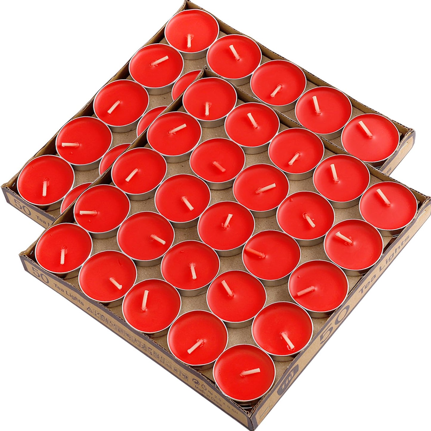Dyrfolm 100 Pack Tea Lights - Smokeless, Unscented, Dripless & Long Lasting Mini Tealight Candles for Home, Weddings & Parties (Red)