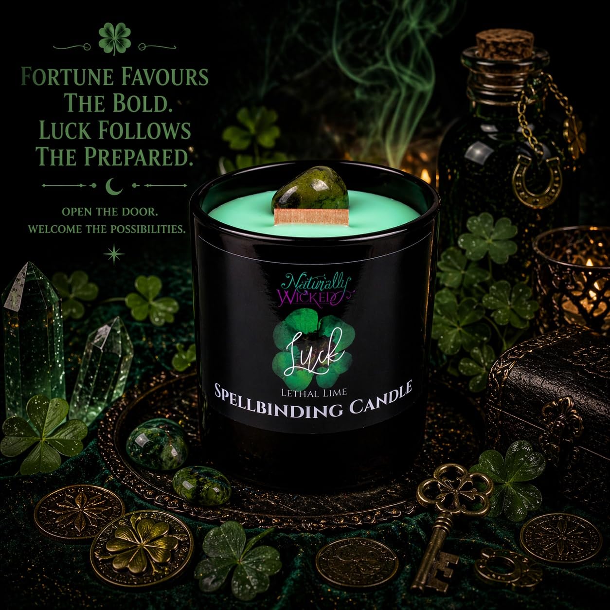 Naturally Wicked Spellbinding Luck Candle with Crystal, Wood Wick & Gift Box