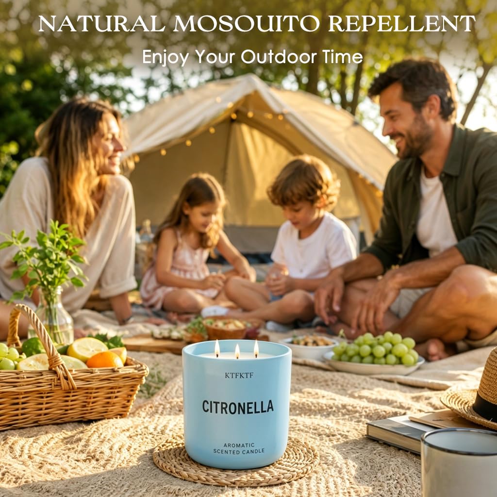 KTFKTF Citronella Candles Outdoor - 14.1oz Large 3 Wick Jar Candle with 80 Hour Burn, Natural Soy Wax, Non-Toxic Outdoor Candle for Patio, Camping, Backyard & Home
