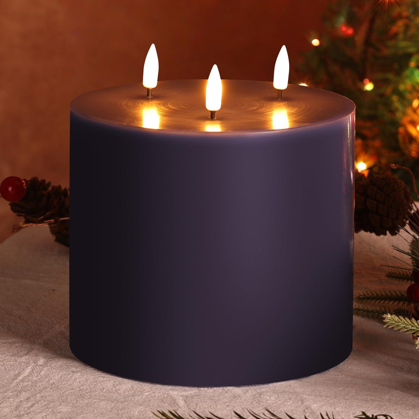 Girimax Navy Blue 3 Wick Flameless Candle with Remote, 6x6 inch Giant LED Pillar Candle, Battery Operated Real Wax Flickering