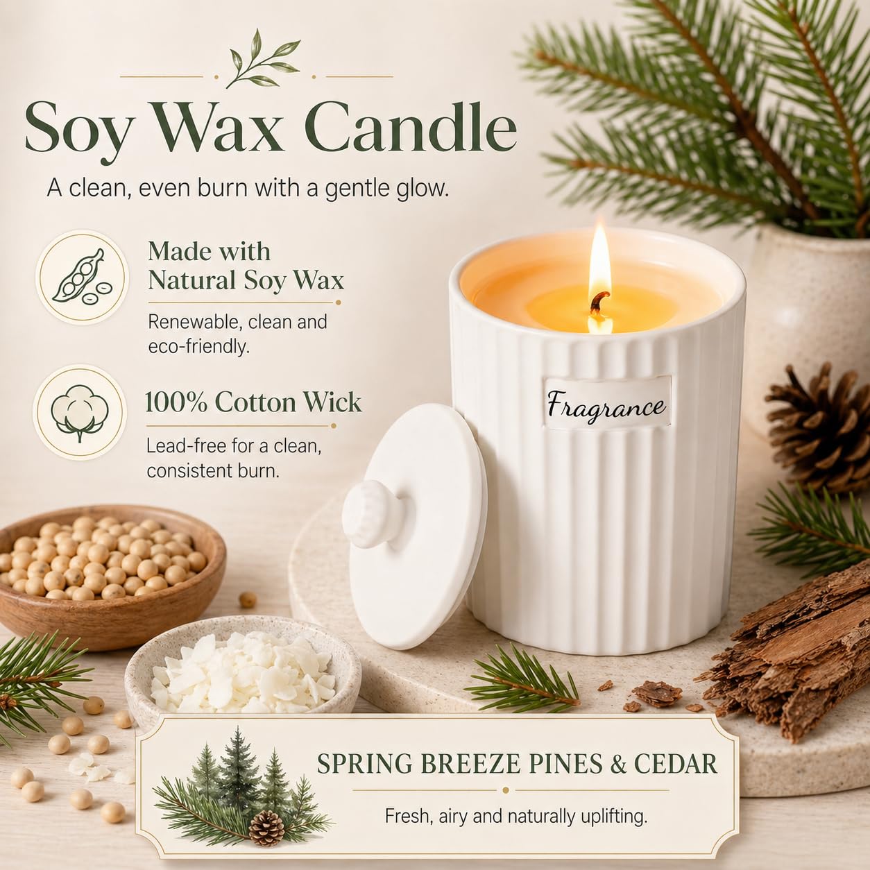 Viyffo 6.35oz Small Scented Candle - Spring Breeze Pines & Cedar, Ivory Non Toxic Soy Candle Gift for Women, Matte Ceramic Jar with Lid Candle, Luxury Fragrance, Elegant Spring Décor & Birthday Gift