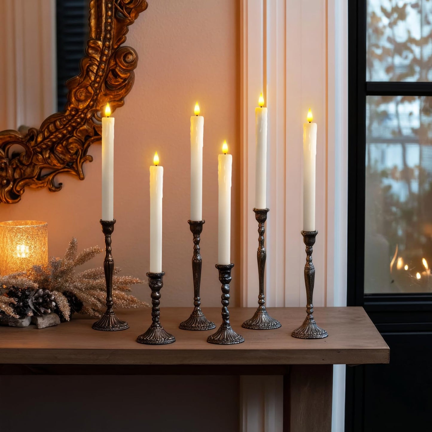 Homemory Real Wax Flameless Taper Candles with Remote Timer, 9.6 Inches White LED Flameless Candlesticks, Dripless Battery Operated Window Candles Flickering Pack of 2 for Fireplace Xmas Halloween