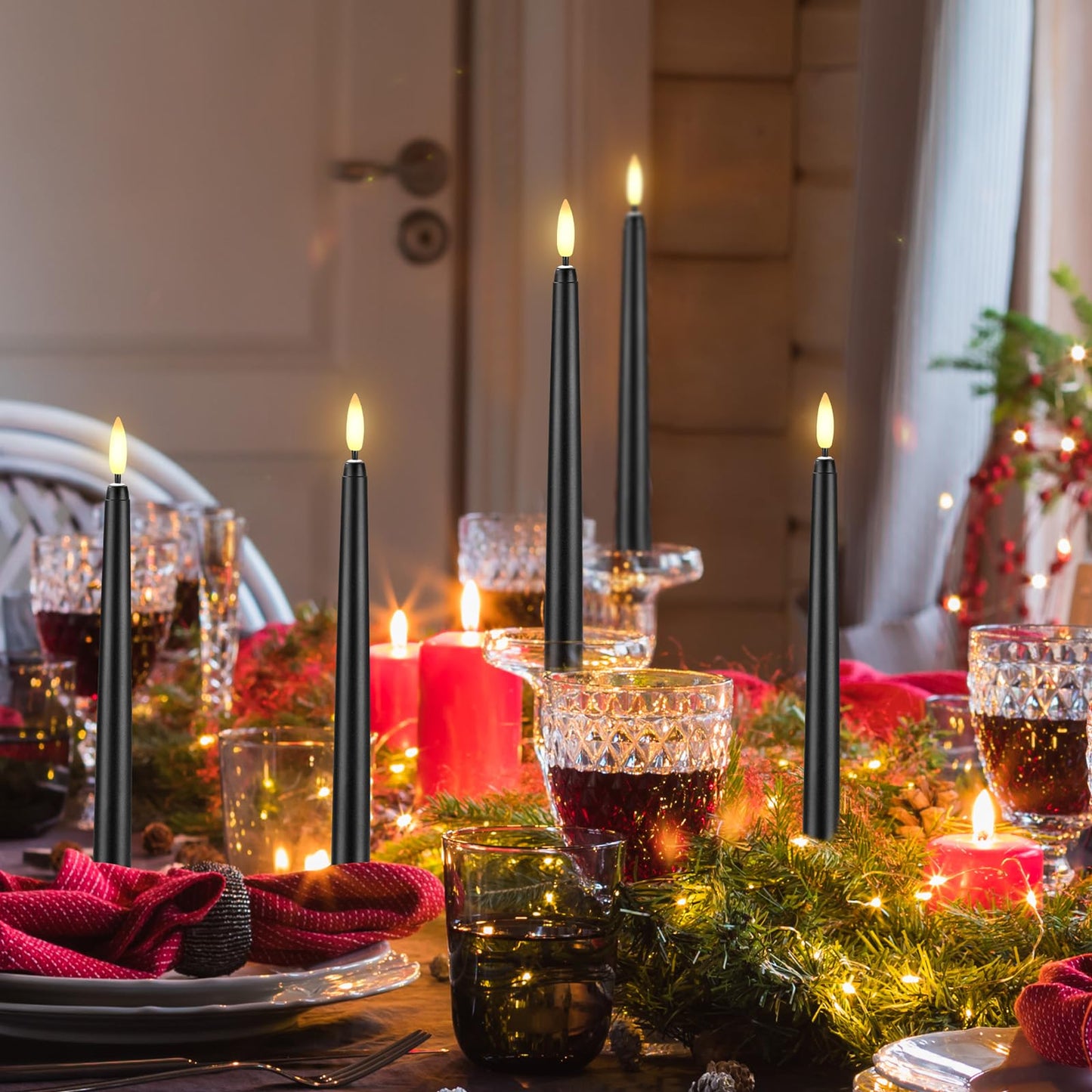 Baquler 12 Pcs 9.7 Inch Black Flameless Taper Candles, Battery Operated Taper Candles LED Warm 3D Wick Flickering Candlesticks for Church Wedding Home Decor Halloween Christmas Hanukkah New Year