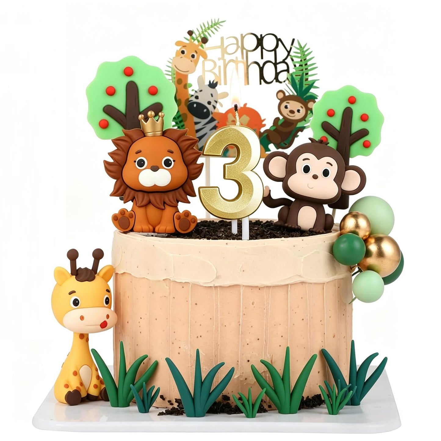 3st Birthday Safari Cake Toppers Set - 3D Lion, Monkey, Giraffe with Number 3 Candle, 8 Grass, Trees & Balls - 21PCS Jungle Animal Cake Decorations Kit for Boys Girls 3 Year Old Party (3st)