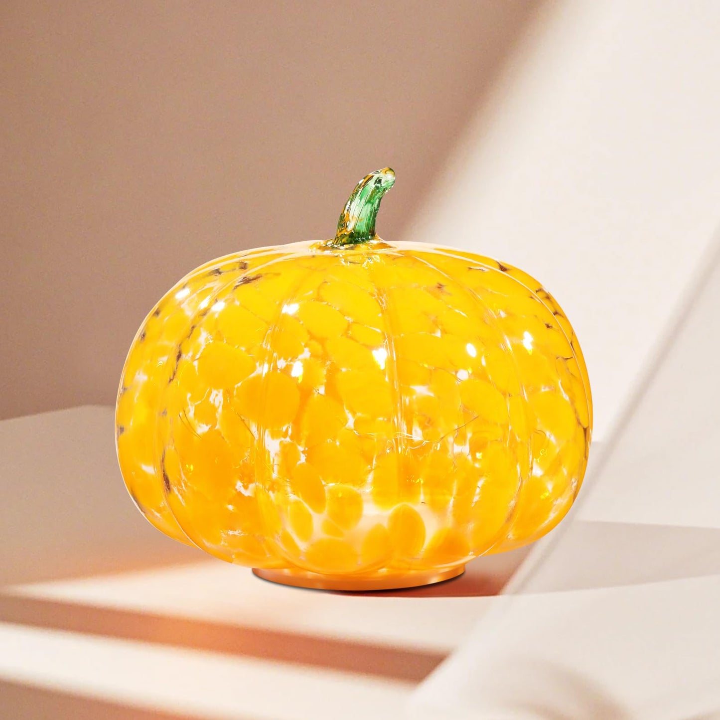 Naboher Handcrafted Glass Pumpkin with Warm LED Lights - Halloween & Thanksgiving Decor, Gift-Worthy Fall Home Decoration, 5.9-Inch Light-Up Tabletop Centerpiece (Green Leaf Orange)