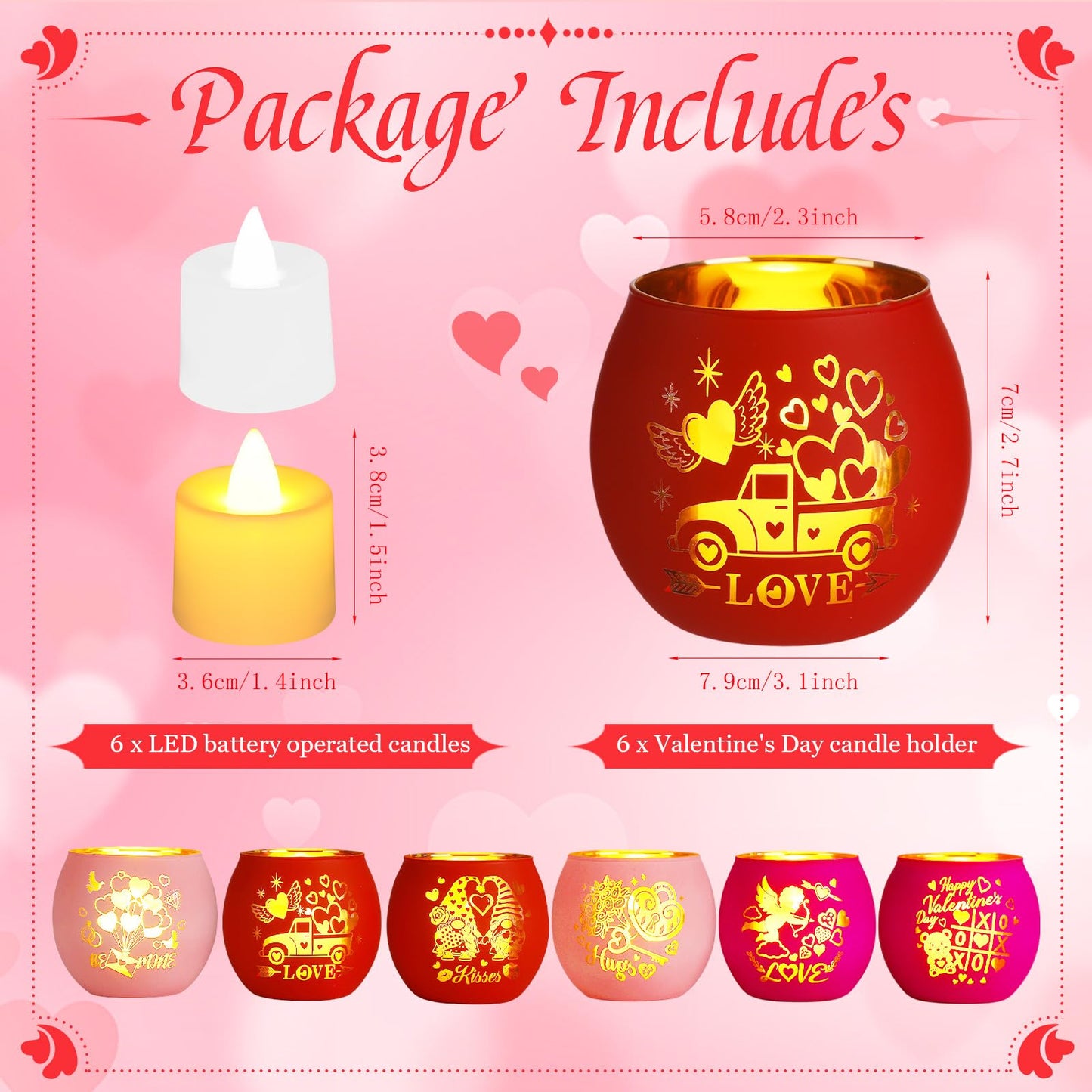 VIHOSE 6 Set Valentine's Day Tealight Candle Holders with 6 LED Battery Operated Candles Valentines Glass Tealight Holders Valentine Table Decorations for Home Table Centerpiece Decor Gifts