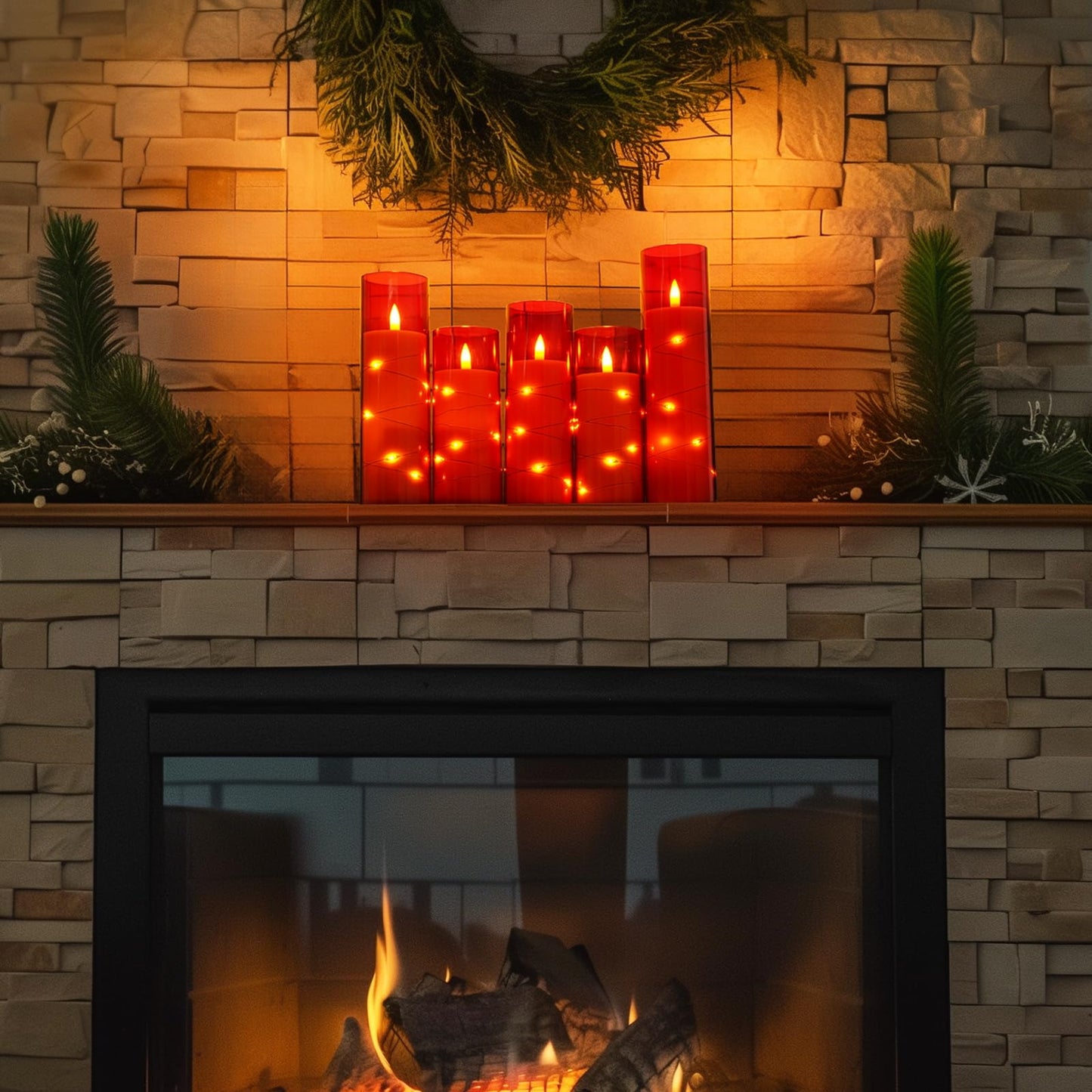 Homemory Acrylic Flameless Candles with Embedded Star String Fairy Lights, Battery Operated, LED Candles, Fake Candles with Remote Control and Timer, Red, Set of 5